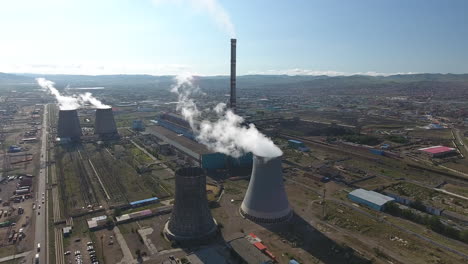 Thermal-coil-power-station-large-view-in-Mongolia-by-drone.-Sunny-day-coal-fired